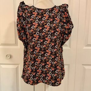 Loft Black Pink Floral Ruffle Trim Cotton Top Small